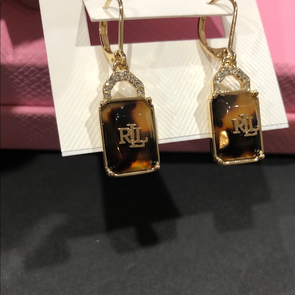 Lauren Ralph Lauren pave‎ tortoiseshell RLL logo drop dangle earrings brand new